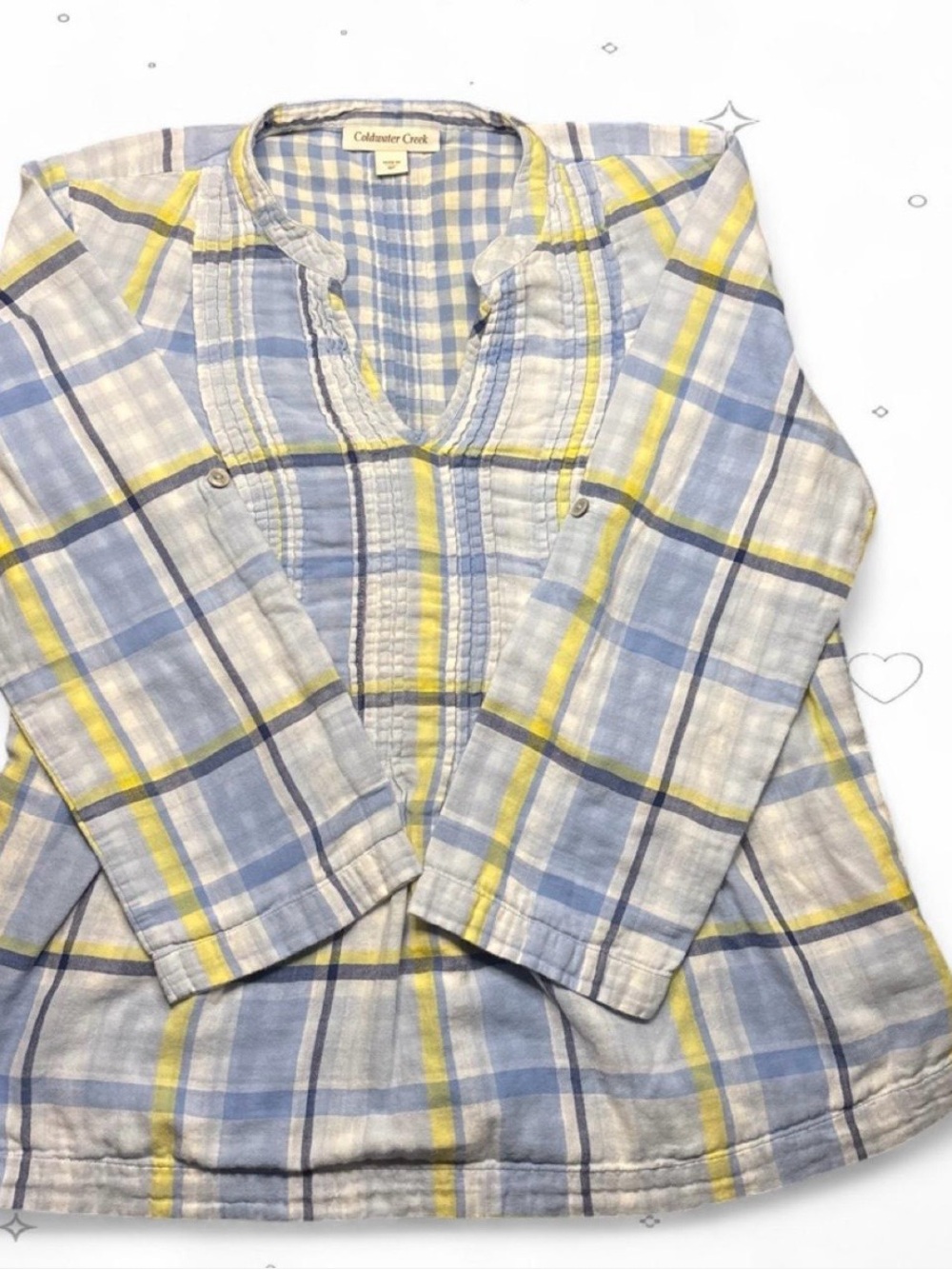 Coldwater Creek Blue Yellow Plaid Cotton Gauze Pintuck Tunic Top Size MP